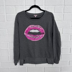Juicy Couture Women Sweatshirt Medium Gray Graphic Lips Sequin Pullover Vintage